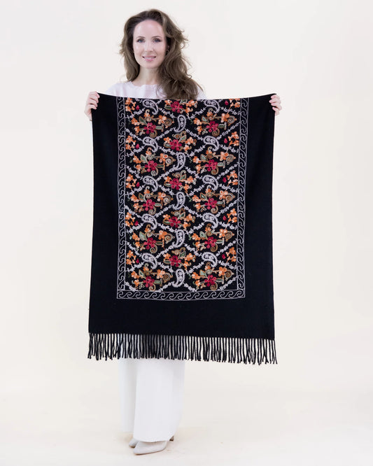 038- Very Moda Black Embroidered Fringe Scarf