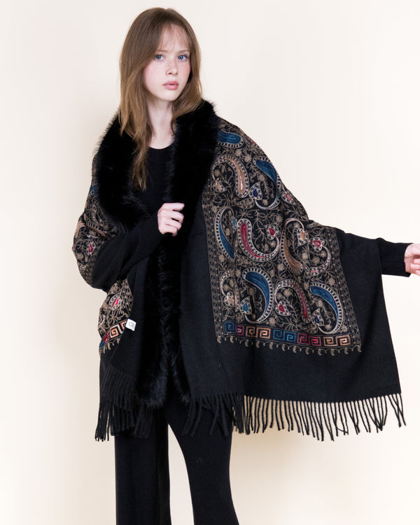 038- Very Moda Black Embroidered Fur Trimmed Shawl