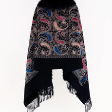 038- Very Moda Black Embroidered Fur Trimmed Shawl