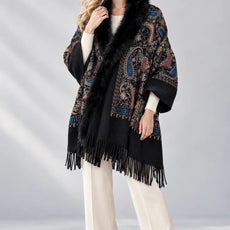 038- Very Moda Black Embroidered Fur Trimmed Shawl