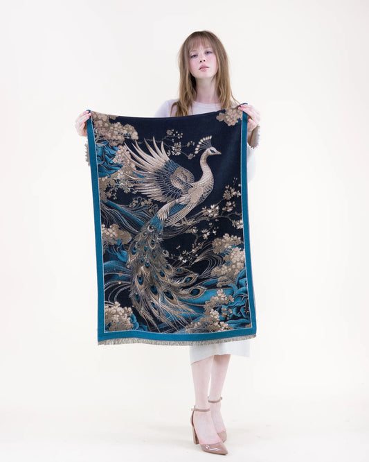 038- Very Moda Golden Peacock on Black Scarf