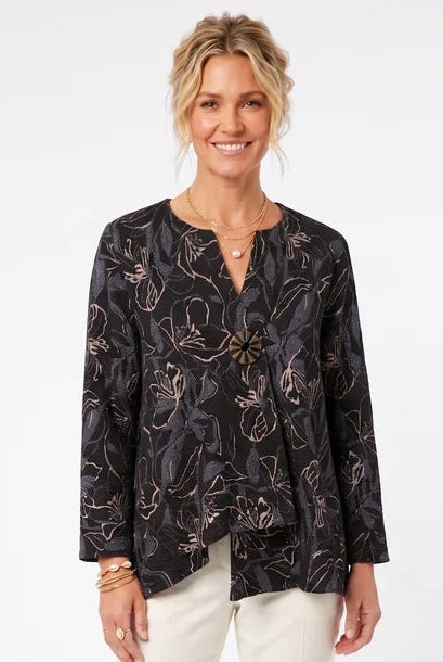 000- ATU Black Floral One Button Asymmetrical Jacket