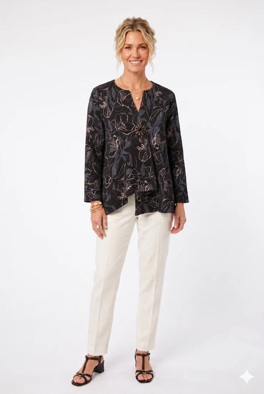 000- ATU Black Floral One Button Asymmetrical Jacket