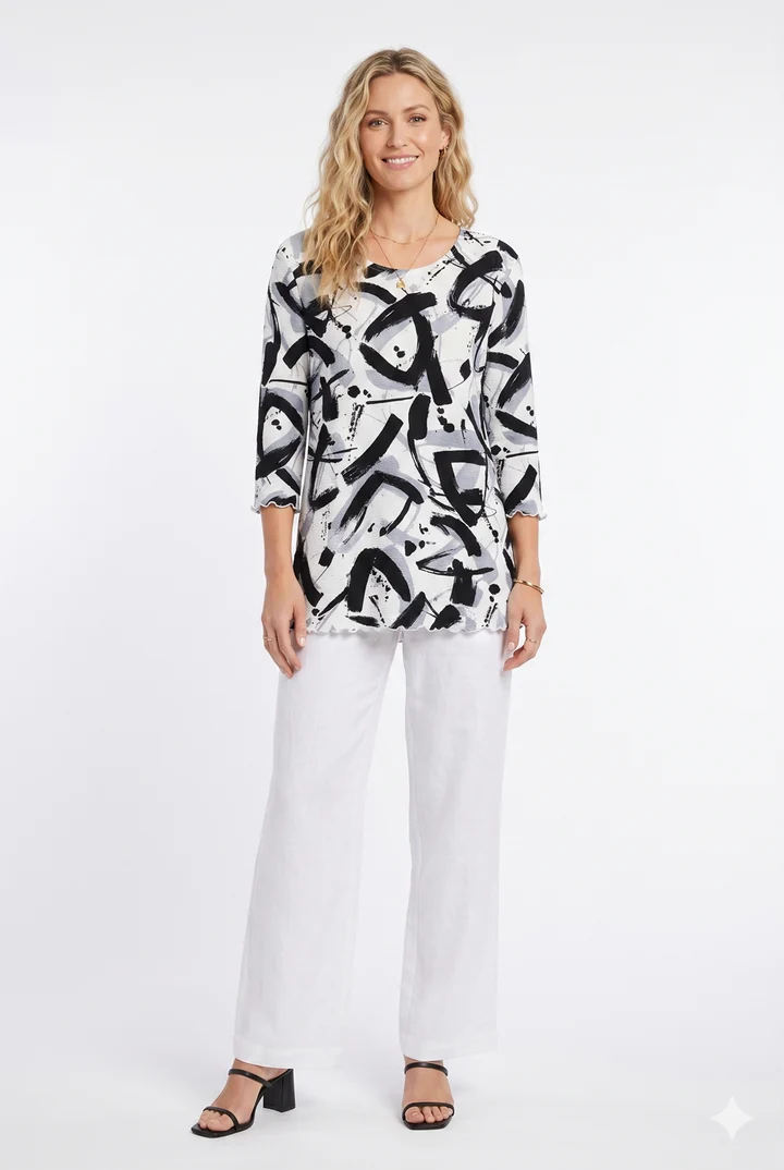 000- Atu Grey With Black and White 3/4 Sleeve Top