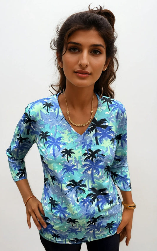 001- LuLu B Blue Palm Trees "V" Neck Top