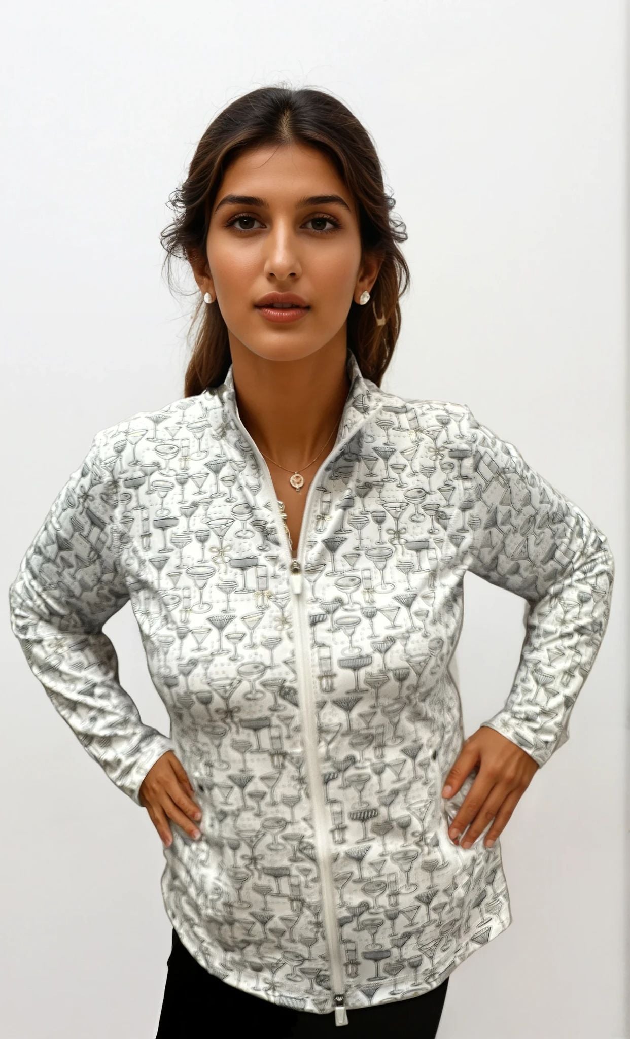 001- LuLu B White with Gray Cocktails Zip Up Jacket