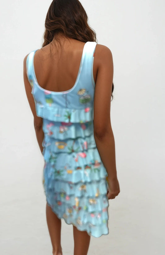 041- Tango Mango Turquoise Flamingo Ruffle Dress