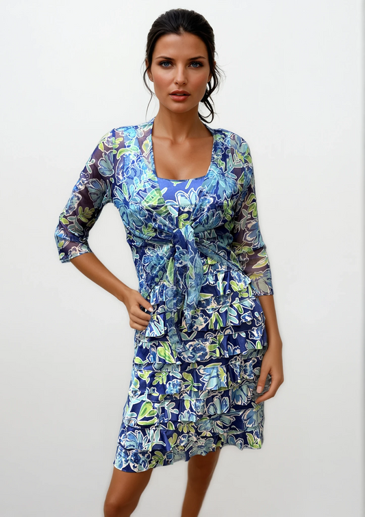 041- Tango Mango Blue and Green Leaves Ruffle Dress