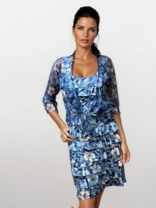 041- Tango Mango Shades of Blue Flower Ruffle Dress