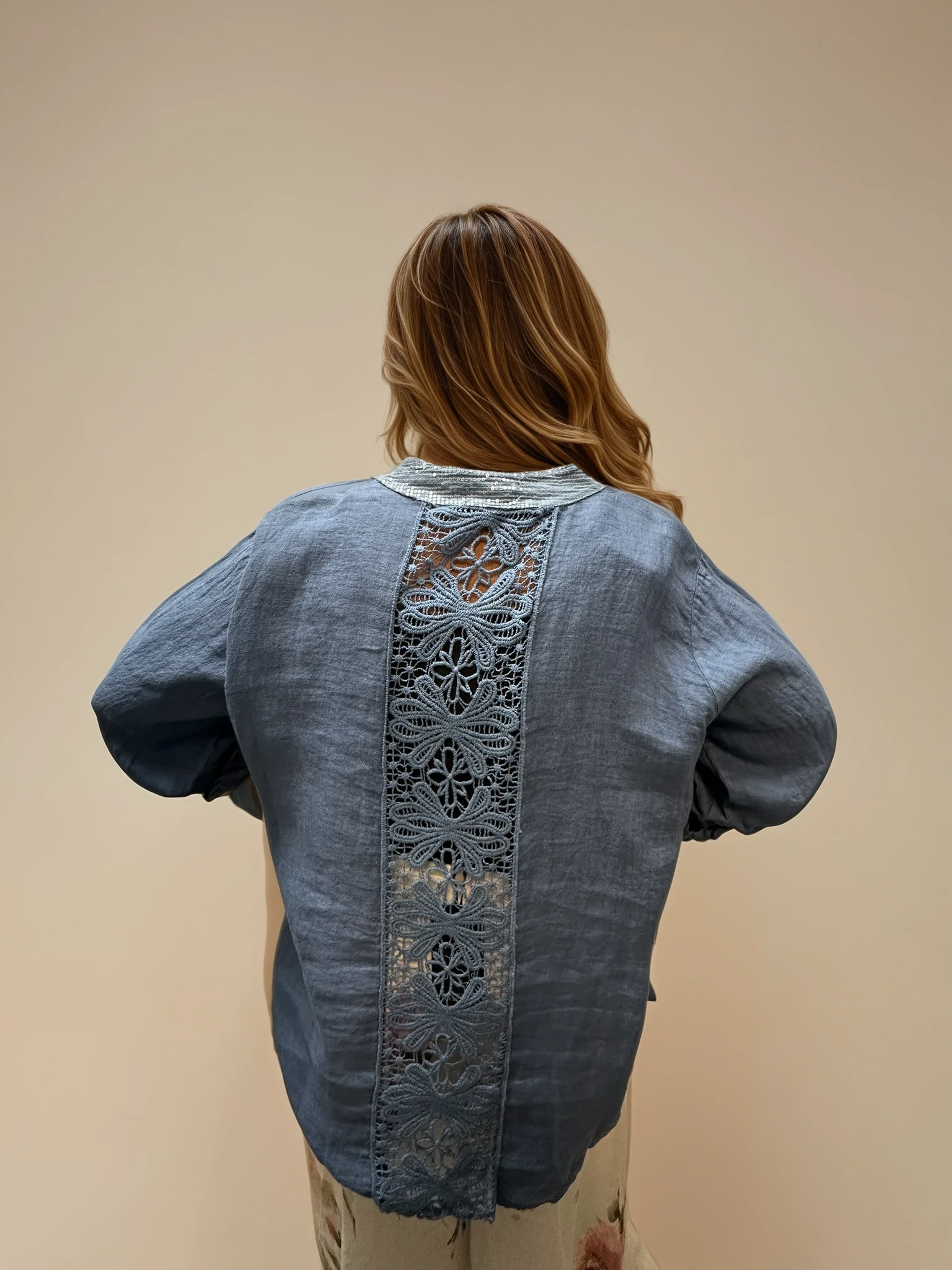 063- Bella Amore Blue Linen Big Shirt with Sequins
