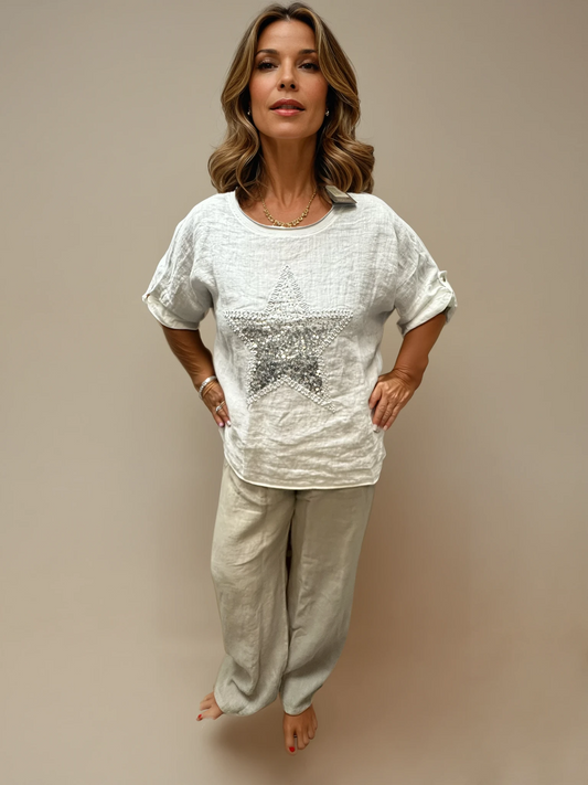 063- Bella Amore Wide Leg Linen Pants - Beige