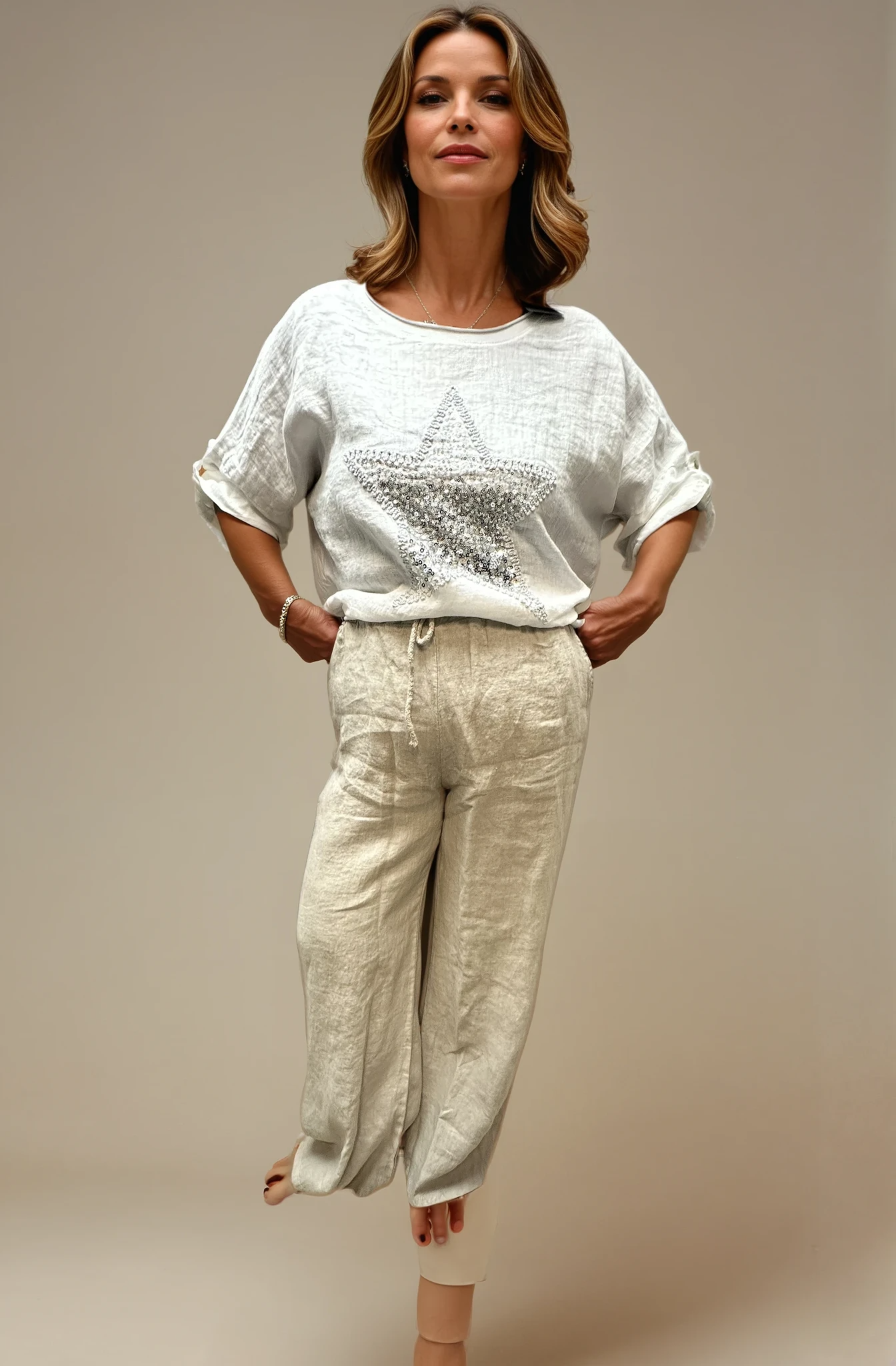 063- Bella Amore Wide Leg Linen Pants - Beige