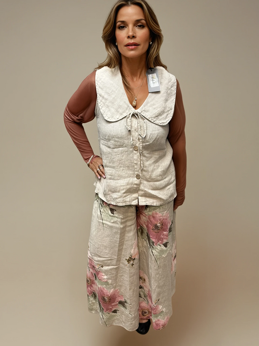 063- Bella Amore Sleeveless Big Collar Top - Beige