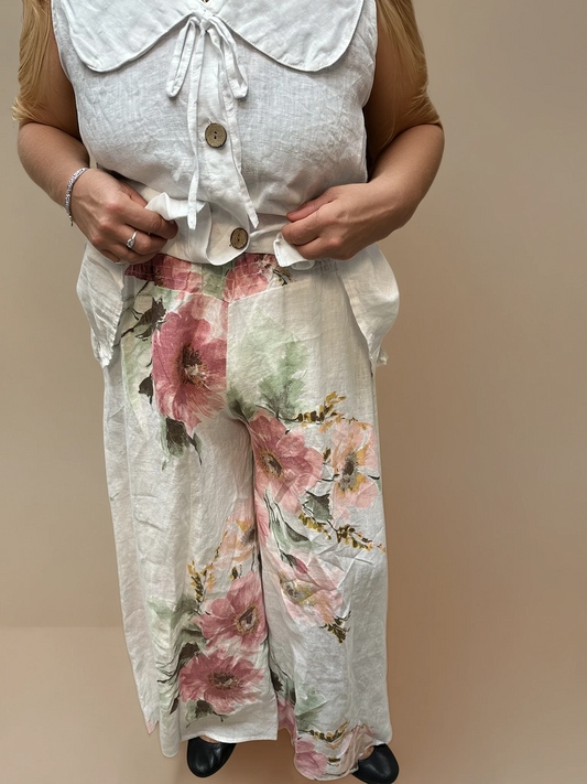 063- Bella Amore Wide Leg Linen Flower Pants - Beige