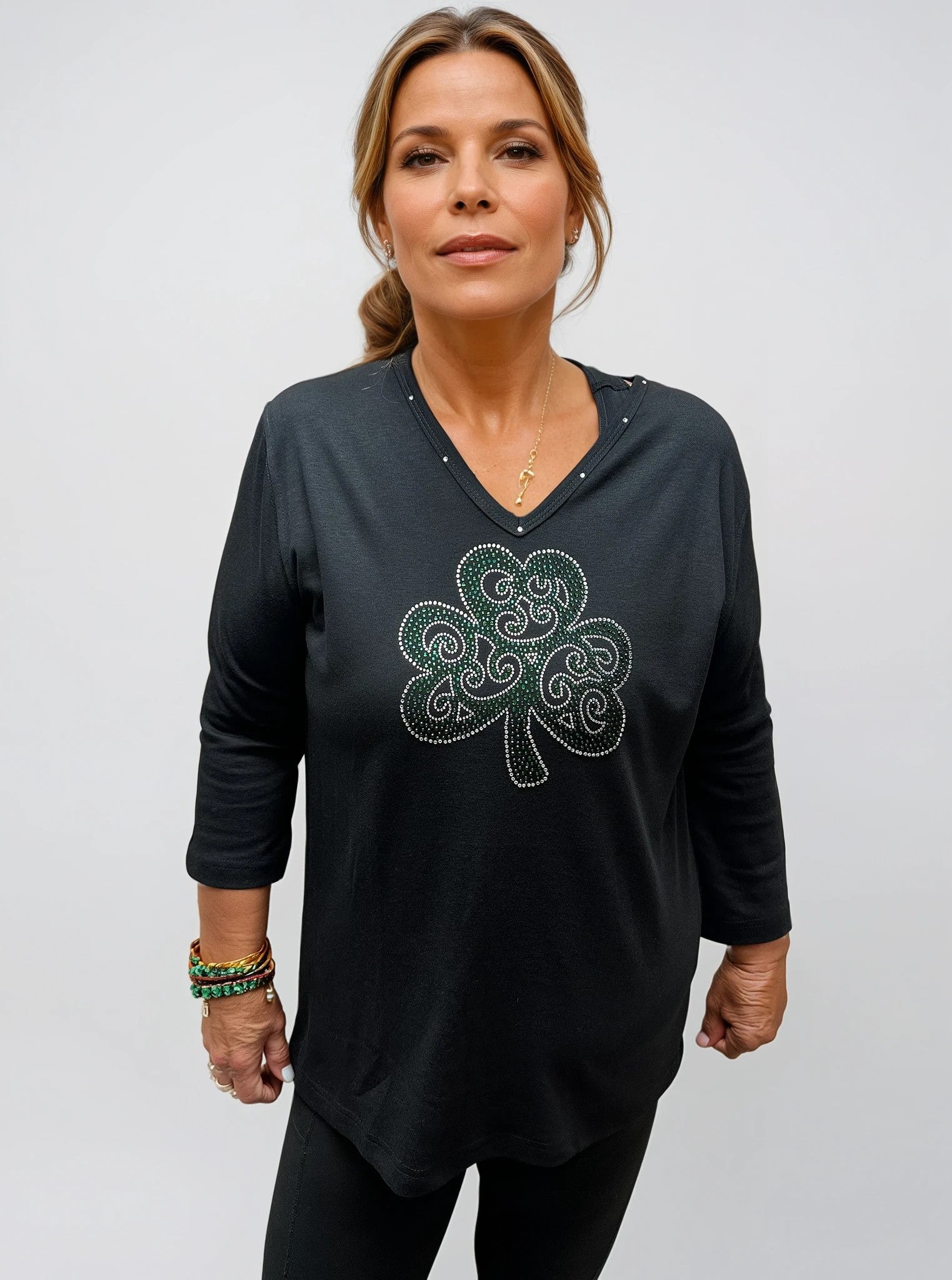 051- Marcel Fashions Green & Silver Clover Crystal Top