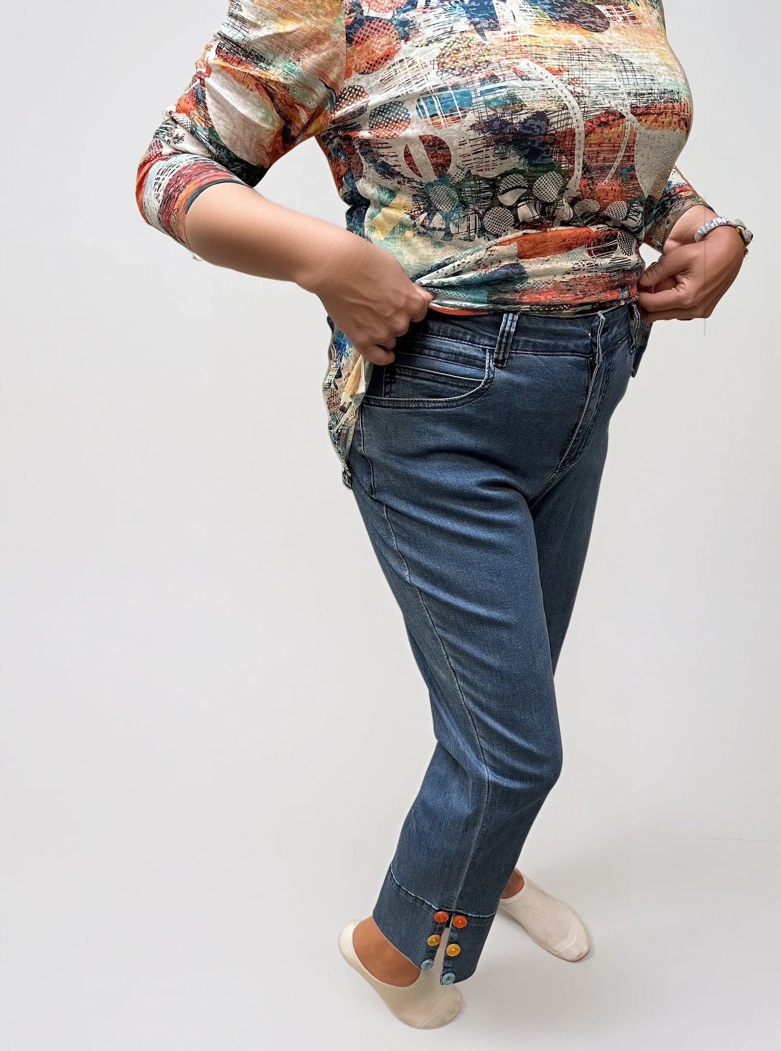 011- Ethyl Denim Button Bottom Capris