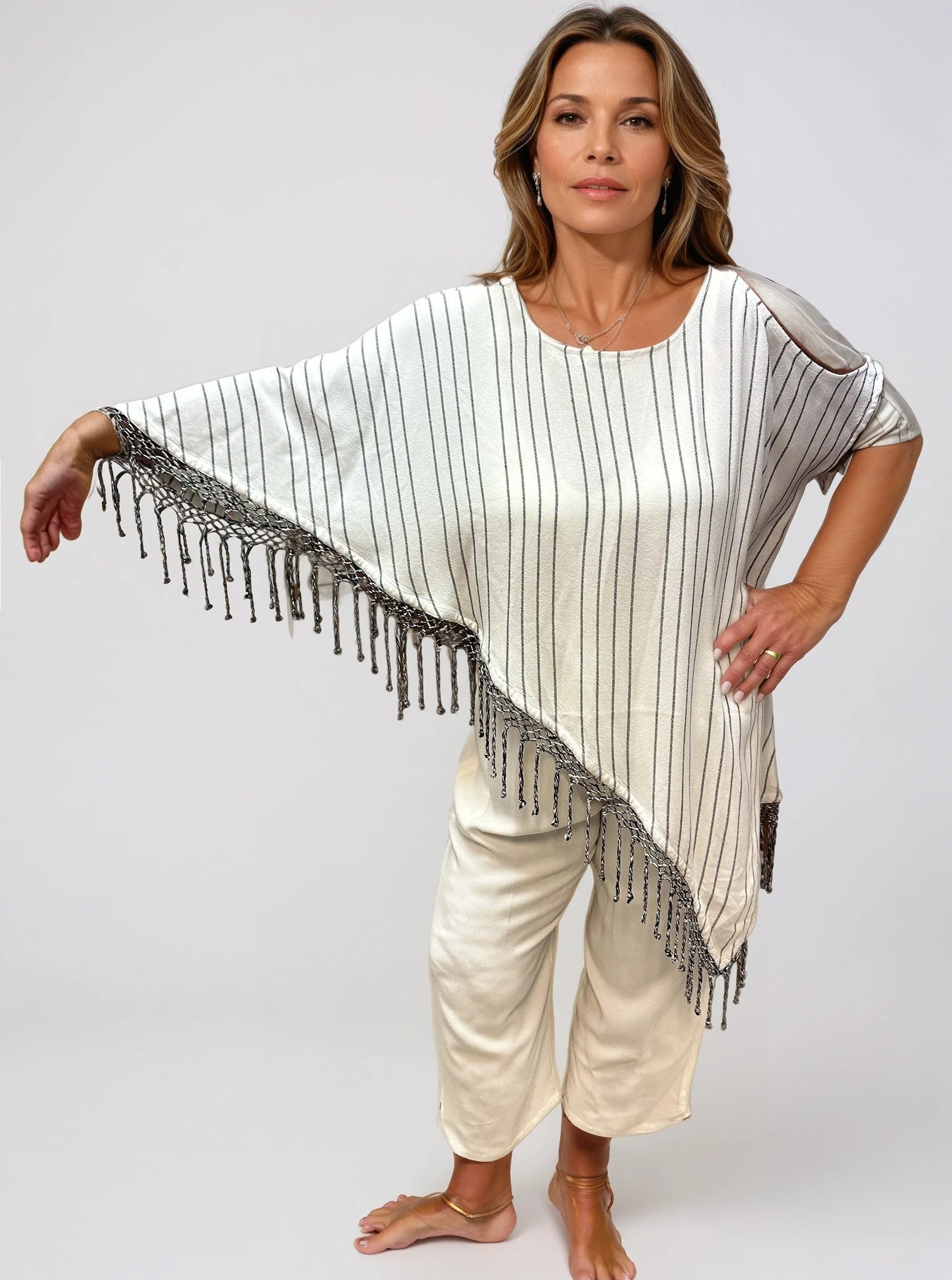 015- Dairi Diagonal Fringed Open Shoulder- Thin Striped