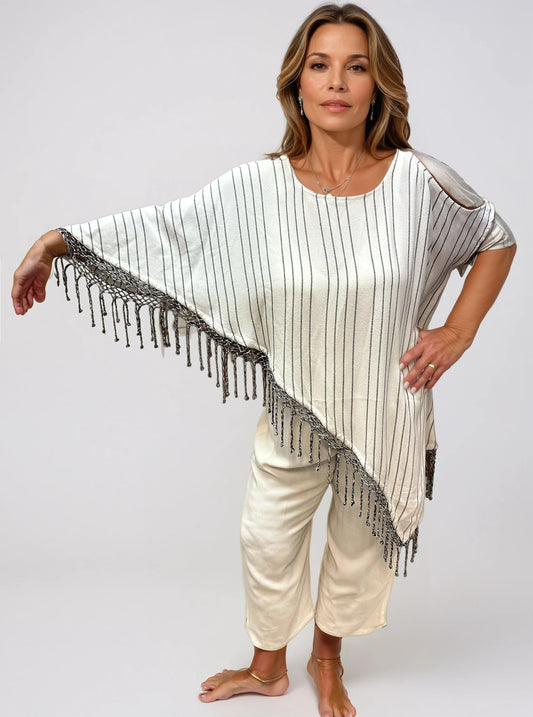 015- Dairi Diagonal Fringed Open Shoulder- Thin Striped