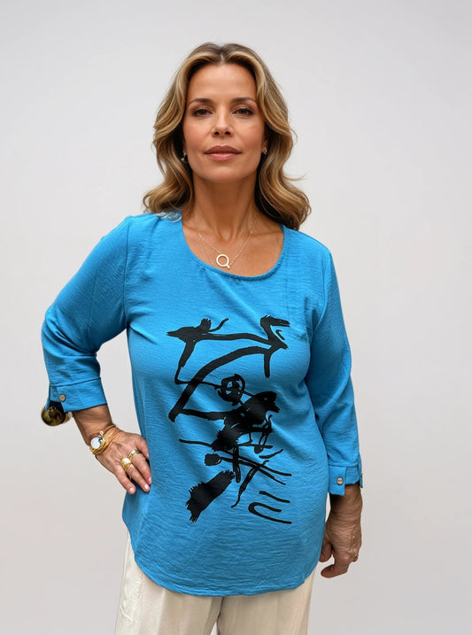 007- Creations Turquoise Abstract Scribble Top