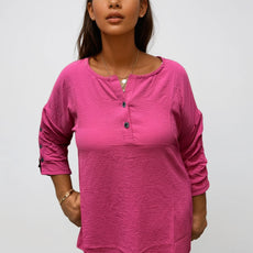 007- Creations Pinched Button Sleeve Top - Pink