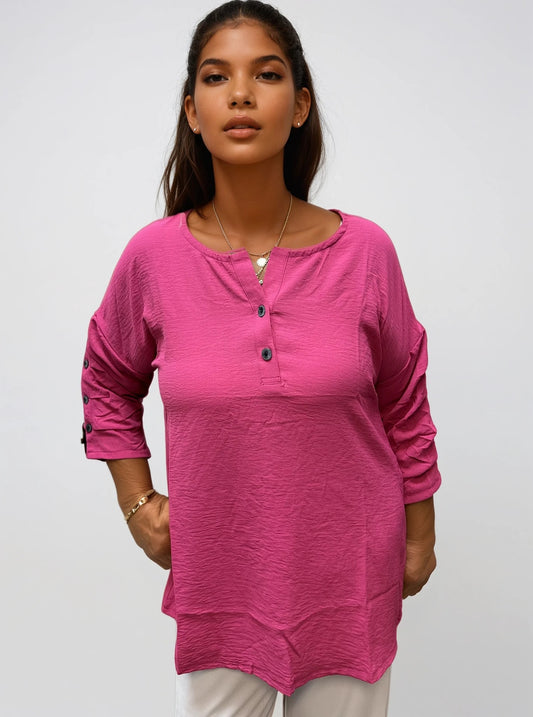 007- Creations Pinched Button Sleeve Top - Pink