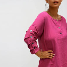 007- Creations Pinched Button Sleeve Top - Pink