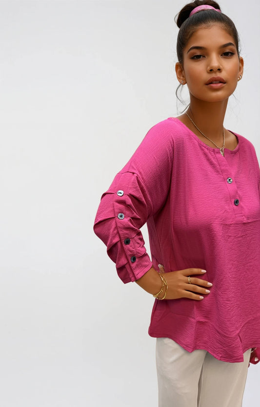 007- Creations Pinched Button Sleeve Top - Pink