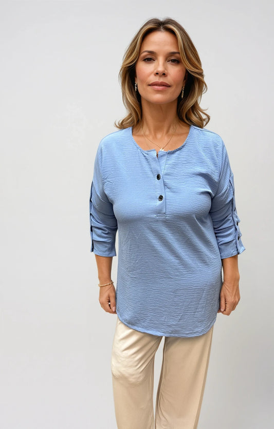 007- Creations Pinched Button Sleeve Top - Sky Blue