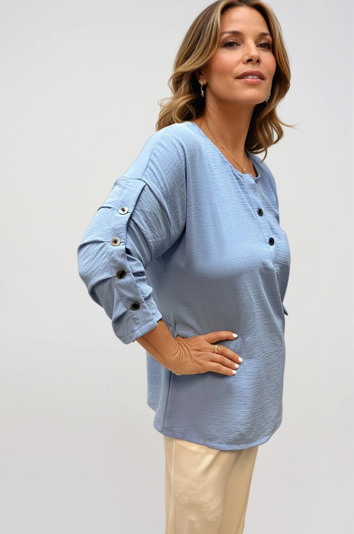 007- Creations Pinched Button Sleeve Top - Sky Blue