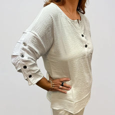 007- Creations Pinched Button Sleeve Top - White