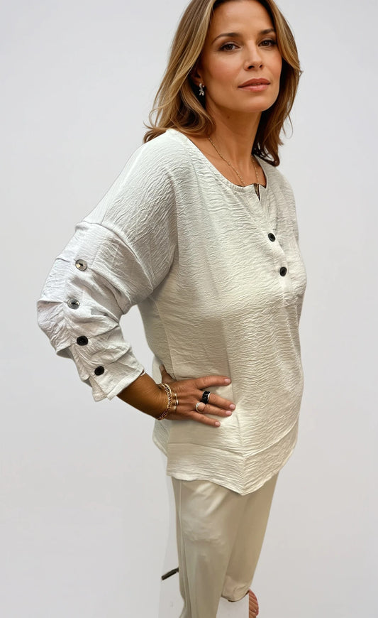 007- Creations Pinched Button Sleeve Top - White
