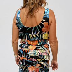 041- Tango Mango Black and Bright Tropical Ruffle Dress