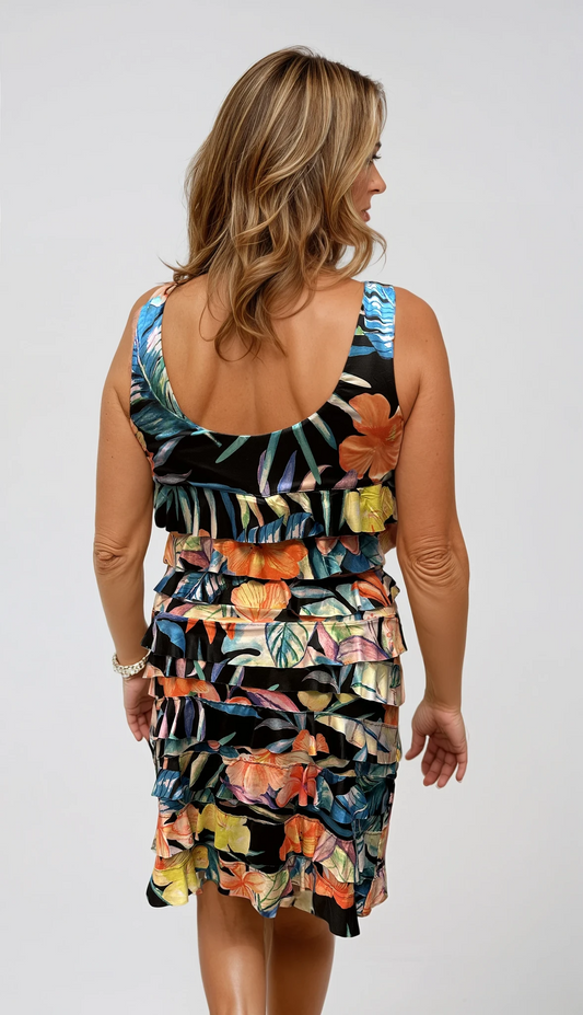 041- Tango Mango Black and Bright Tropical Ruffle Dress