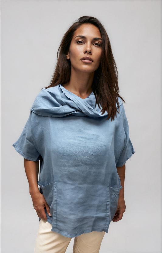 063- Bella Amore Linen Cowl Neck Top - Blue