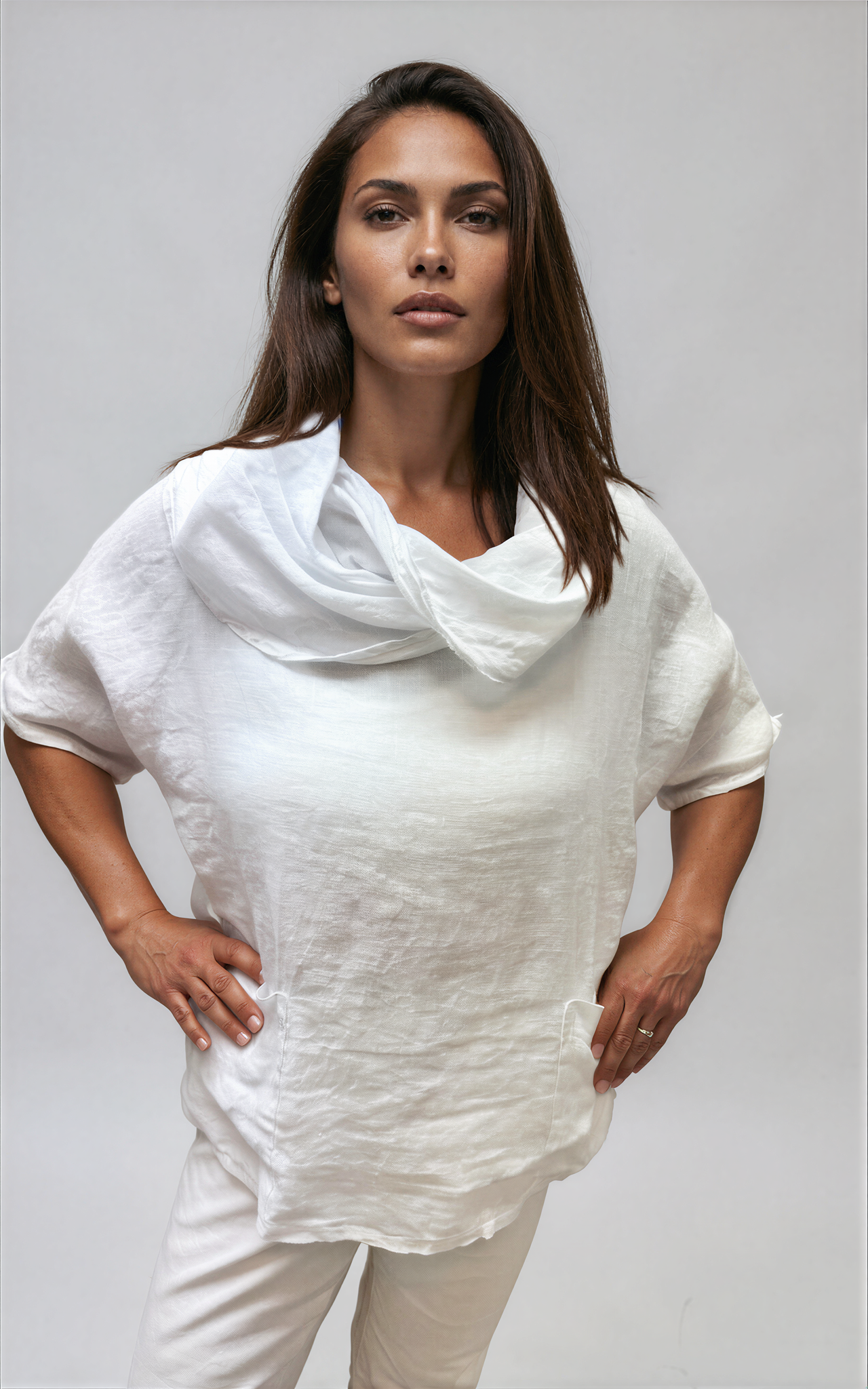 063- Bella Amore Linen Cowl Neck Top - White