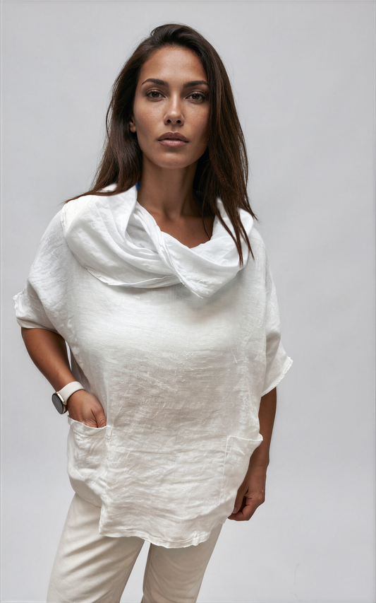 063- Bella Amore Linen Cowl Neck Top - White