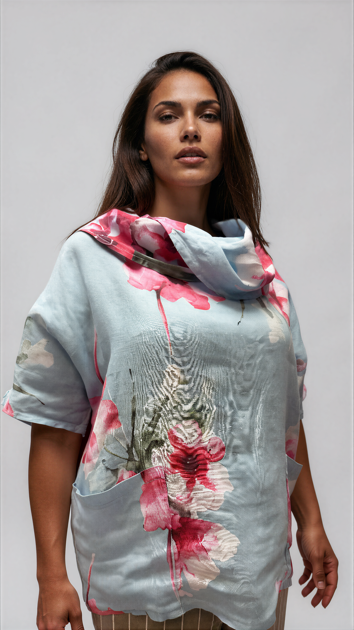 063- Bella Amore Linen Flower Cowl Neck Top - Blue