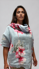 063- Bella Amore Linen Flower Cowl Neck Top - Blue