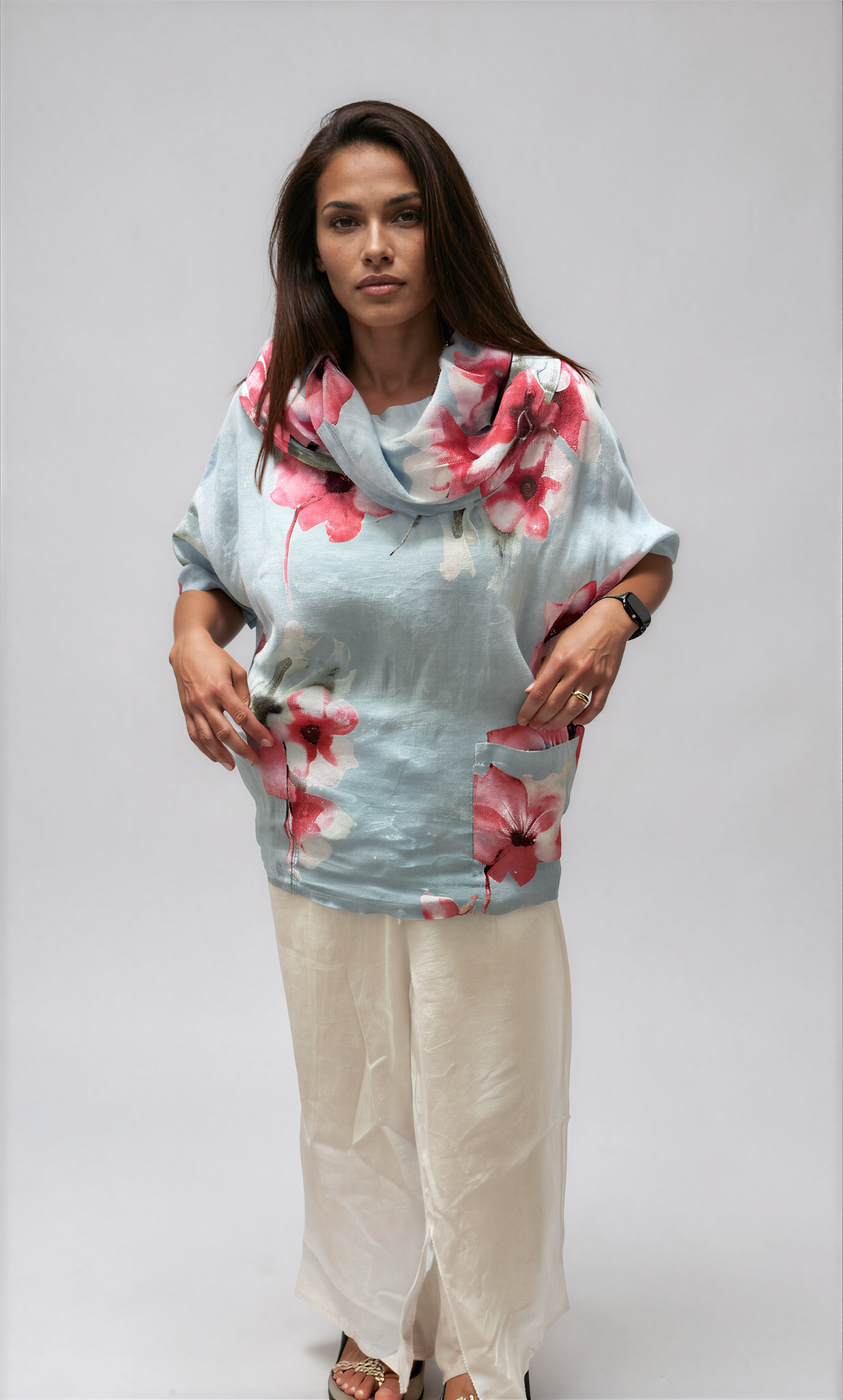 063- Bella Amore Linen Flower Cowl Neck Top - Blue