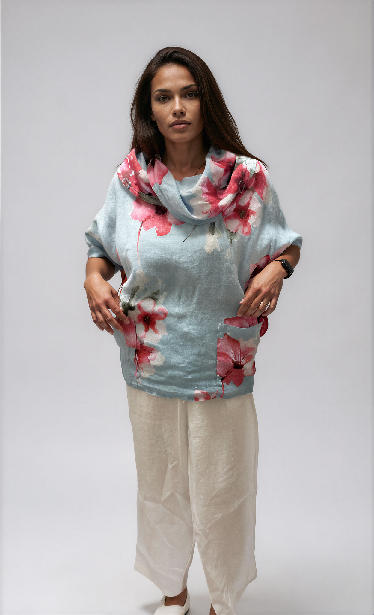 063- Bella Amore Linen Flower Cowl Neck Top - Blue