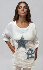 063- Bella Amore Linen Double Star Top - White