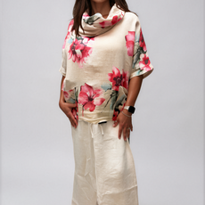 063- Bella Amore Linen Flower Cowl Neck Top - Beige