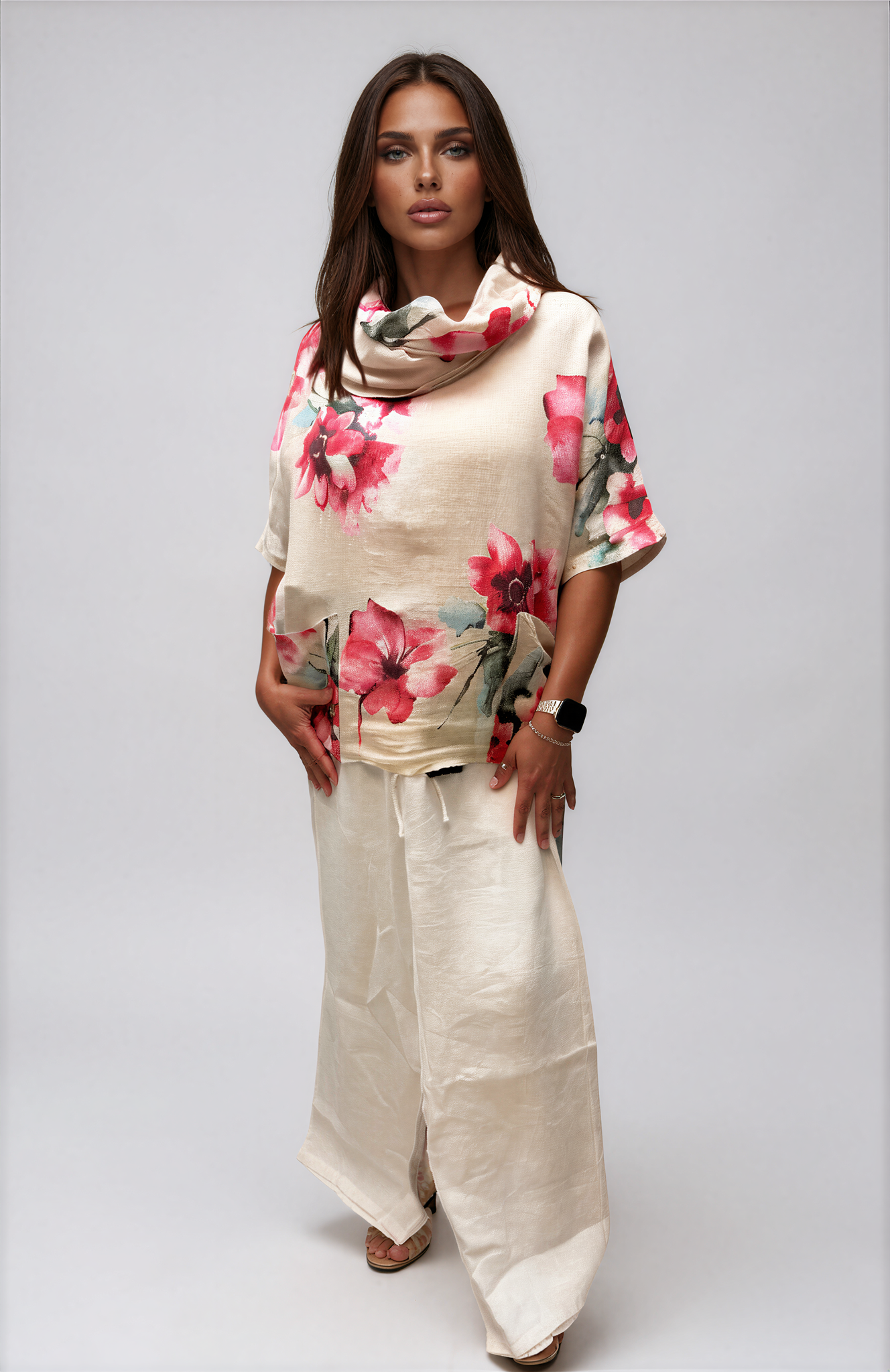 063- Bella Amore Linen Flower Cowl Neck Top - Beige