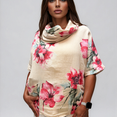 063- Bella Amore Linen Flower Cowl Neck Top - Beige