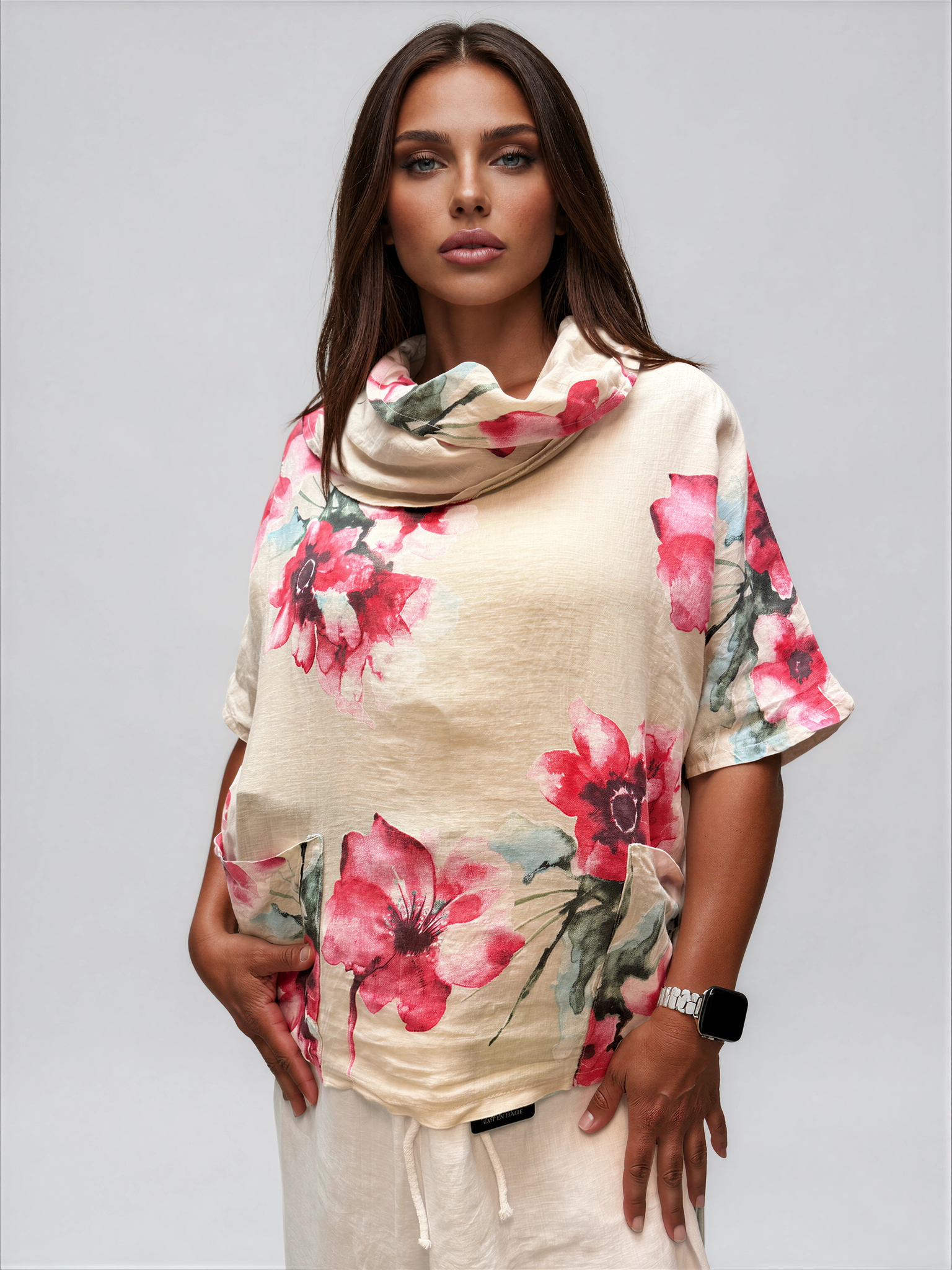 063- Bella Amore Linen Flower Cowl Neck Top - Beige