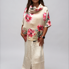 063- Bella Amore Linen Flower Cowl Neck Top - Beige