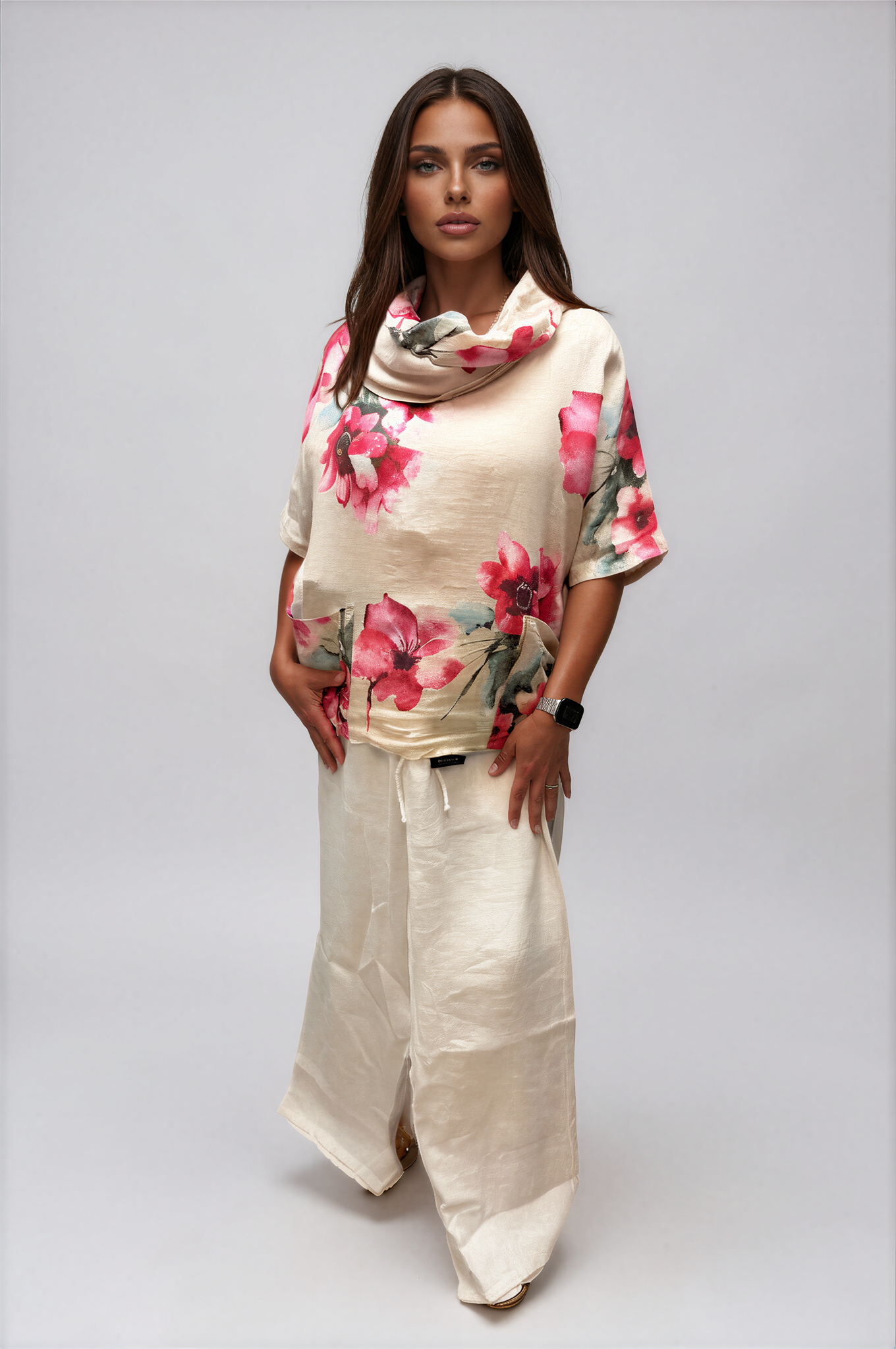 063- Bella Amore Linen Flower Cowl Neck Top - Beige