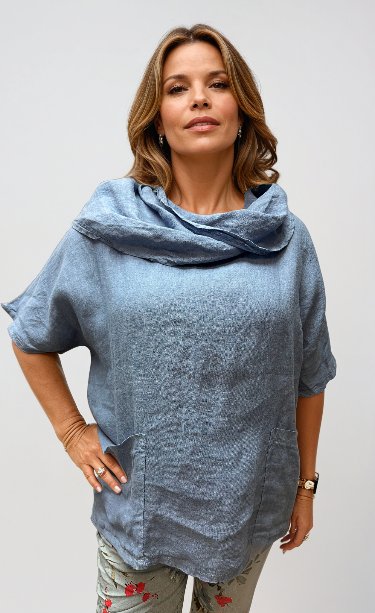 063- Bella Amore Linen Cowl Neck Top - Blue