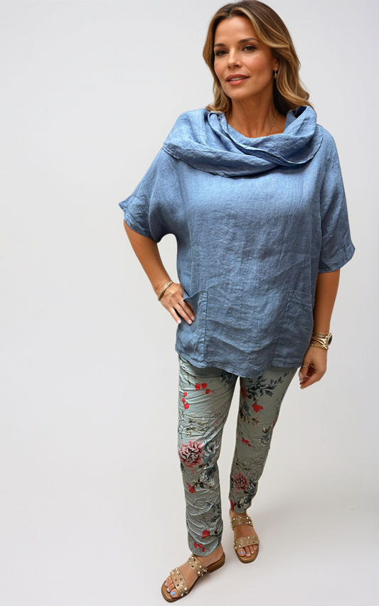 063- Bella Amore Blue Stretch Flowered Pants