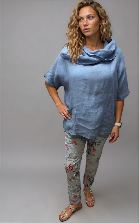 063- Bella Amore Blue Stretch Flowered Pants